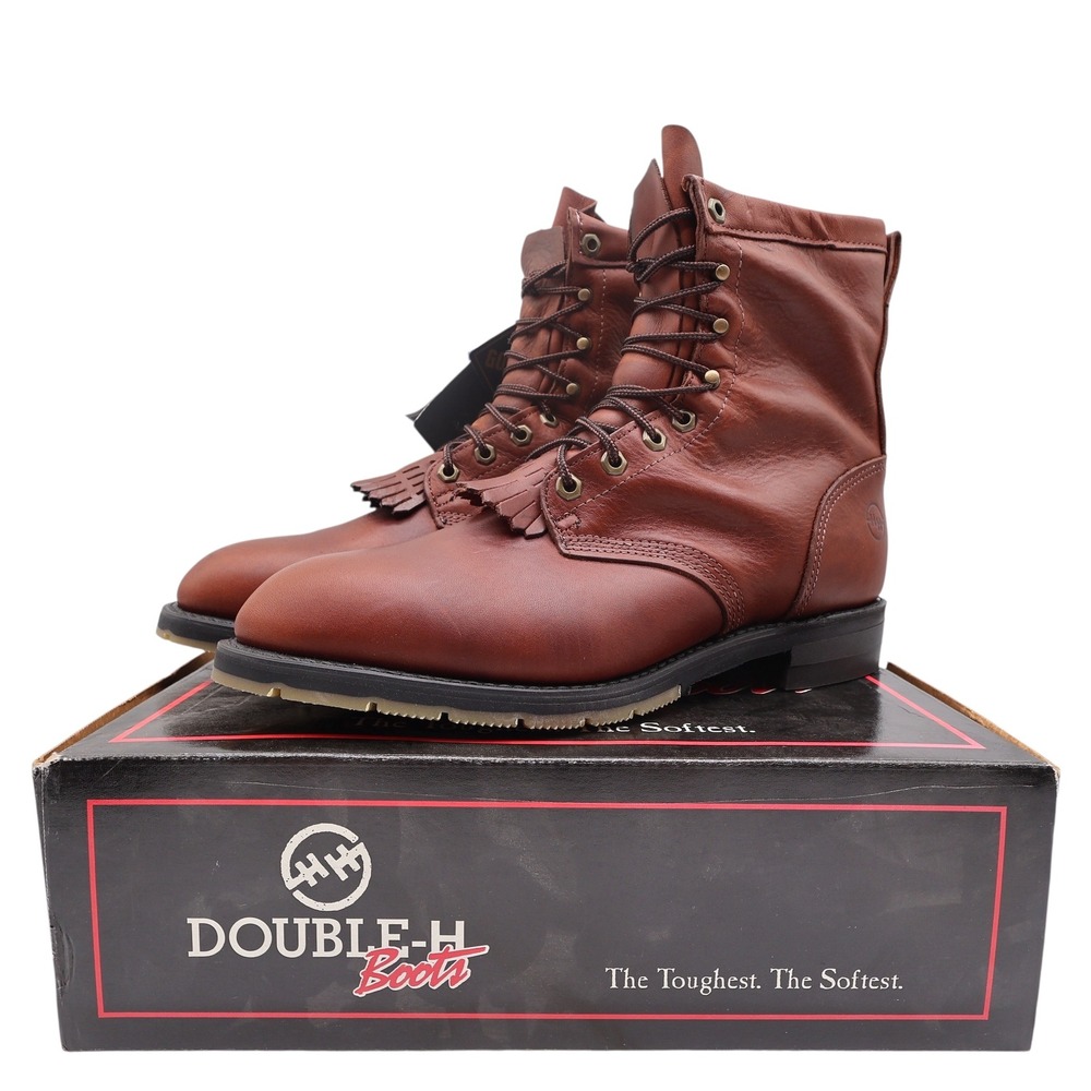 Double-H Mens 10 D Leather Packer Work Boots USA 9790 Brown Lace Up Kiltie New